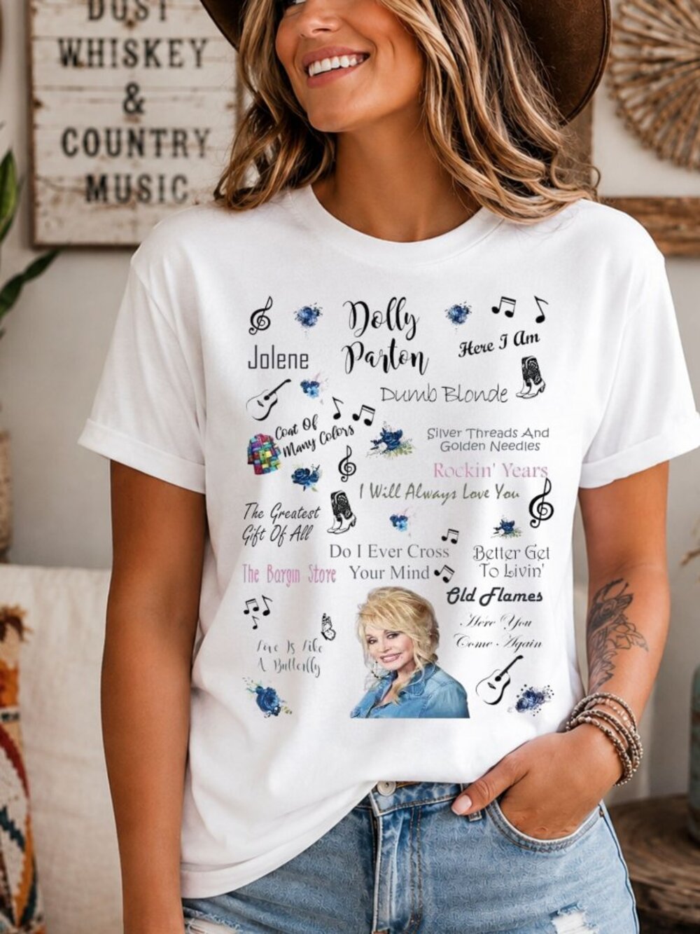 Dolly Parton Song Titles Graphic Tee Country Western T Shirt White